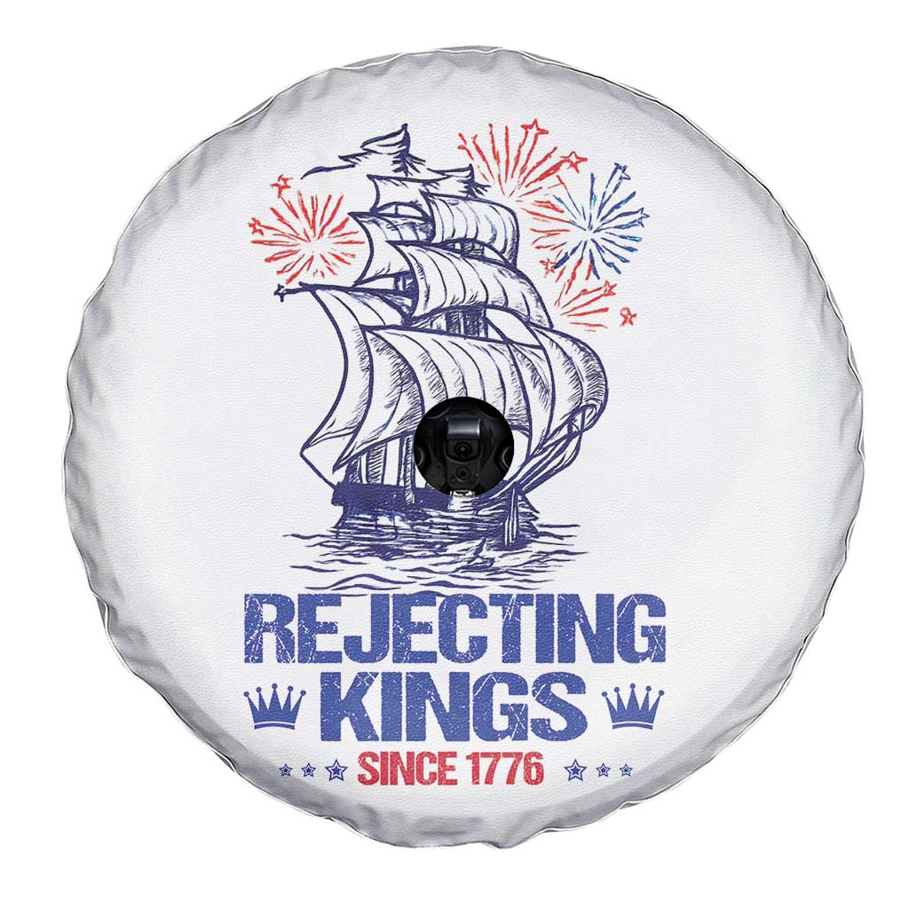 Rejecting Kings Since 1776 Spare Tire Cover Vintage Patriotic Ship 4th Of July Fireworks - Wonder Print Shop