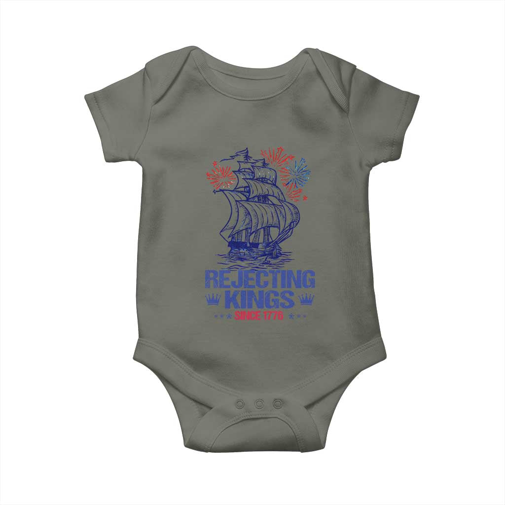 Rejecting Kings Since 1776 Baby Onesie Vintage Patriotic Ship 4th Of July Fireworks - Wonder Print Shop