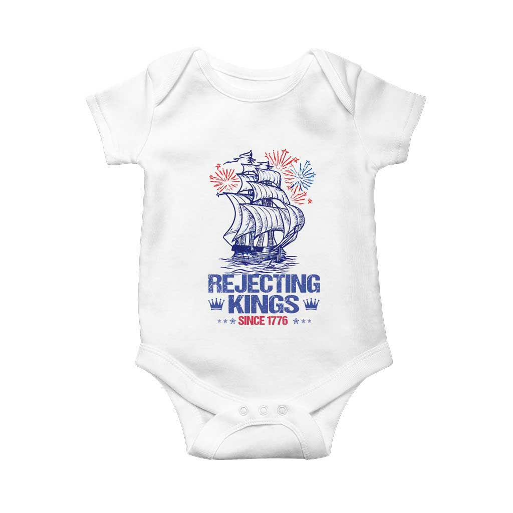 Rejecting Kings Since 1776 Baby Onesie Vintage Patriotic Ship 4th Of July Fireworks - Wonder Print Shop