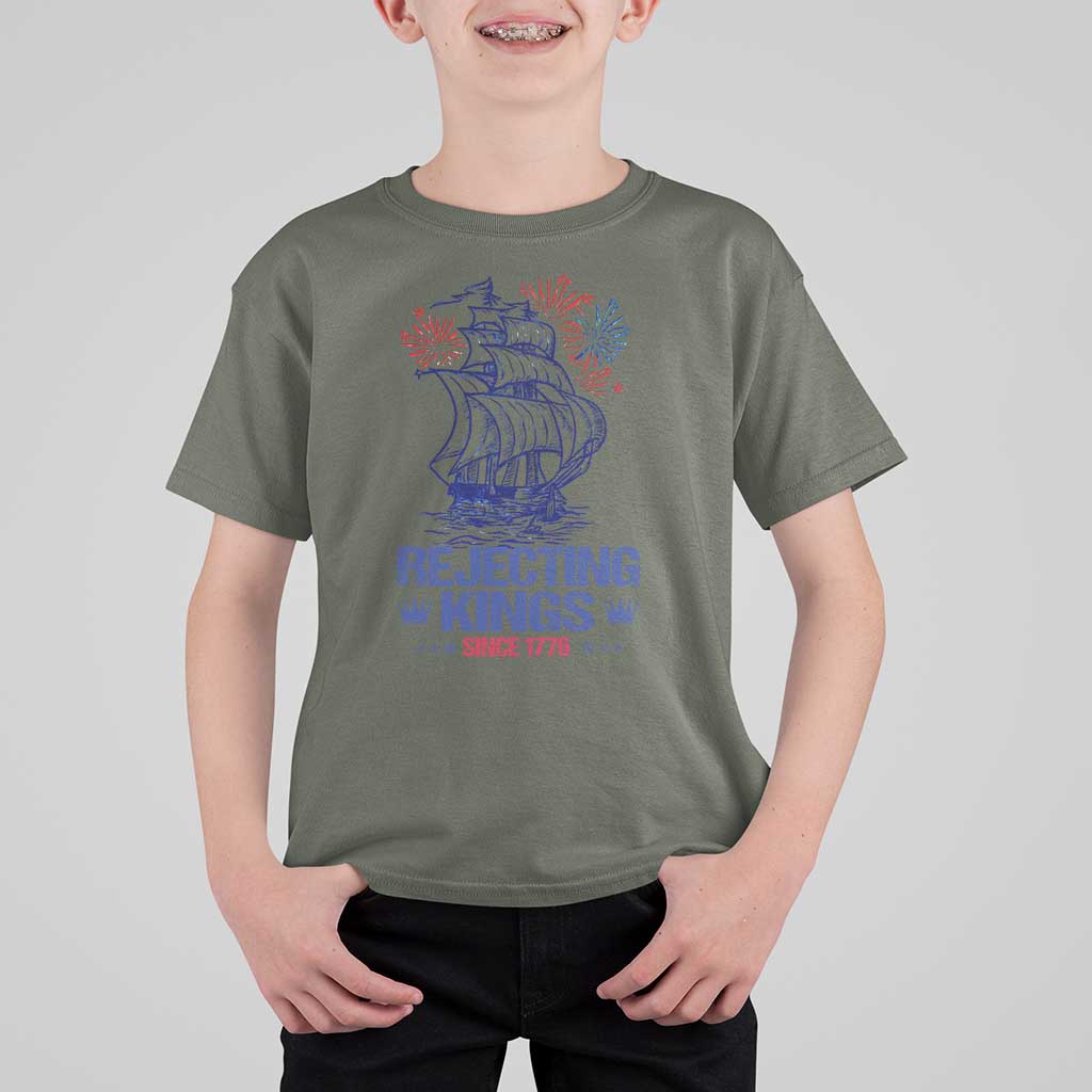 Rejecting Kings Since 1776 T Shirt For Kid Vintage Patriotic Ship 4th Of July Fireworks - Wonder Print Shop