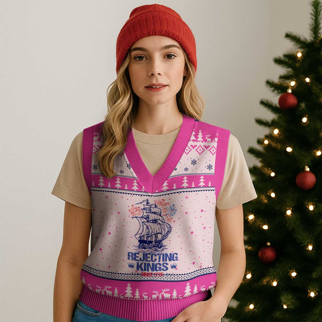 Rejecting Kings Since 1776 V-Neck Knit Sweater Vest Vintage Patriotic Ship 4th Of July Fireworks - Wonder Print Shop