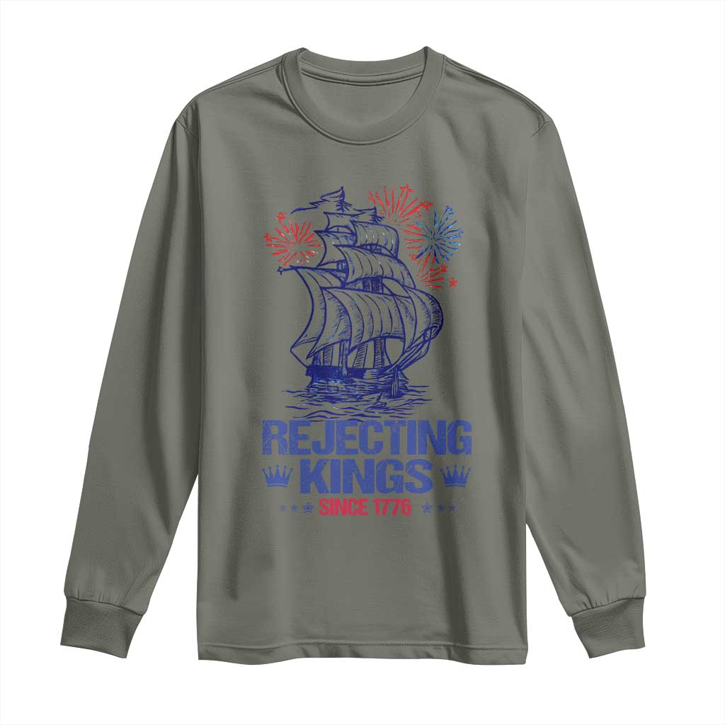 Rejecting Kings Since 1776 Long Sleeve Shirt Vintage Patriotic Ship 4th Of July Fireworks - Wonder Print Shop