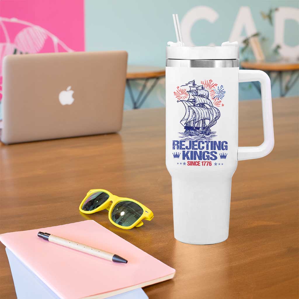 Rejecting Kings Since 1776 Tumbler With Handle Vintage Patriotic Ship 4th Of July Fireworks - Wonder Print Shop
