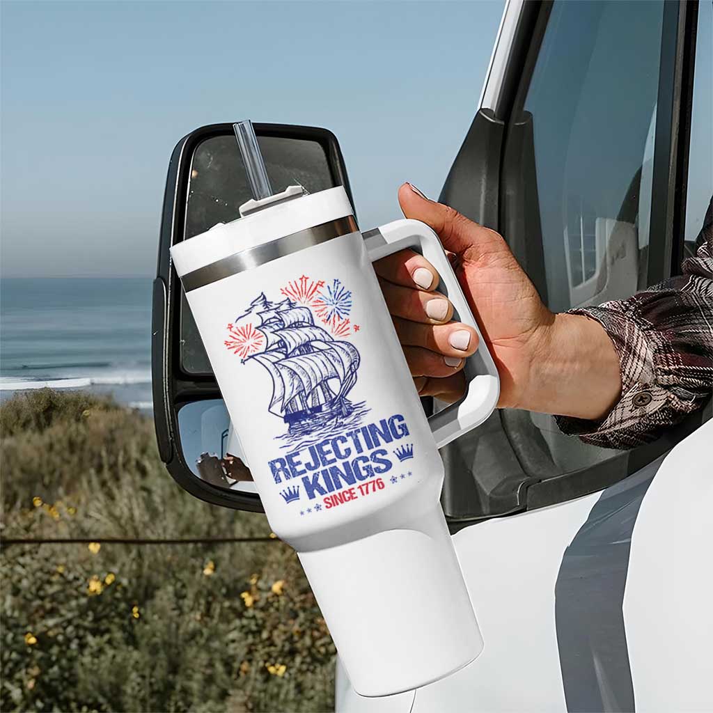 Rejecting Kings Since 1776 Tumbler With Handle Vintage Patriotic Ship 4th Of July Fireworks - Wonder Print Shop