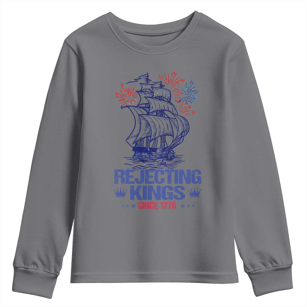 Rejecting Kings Since 1776 Youth Sweatshirt Vintage Patriotic Ship 4th Of July Fireworks - Wonder Print Shop