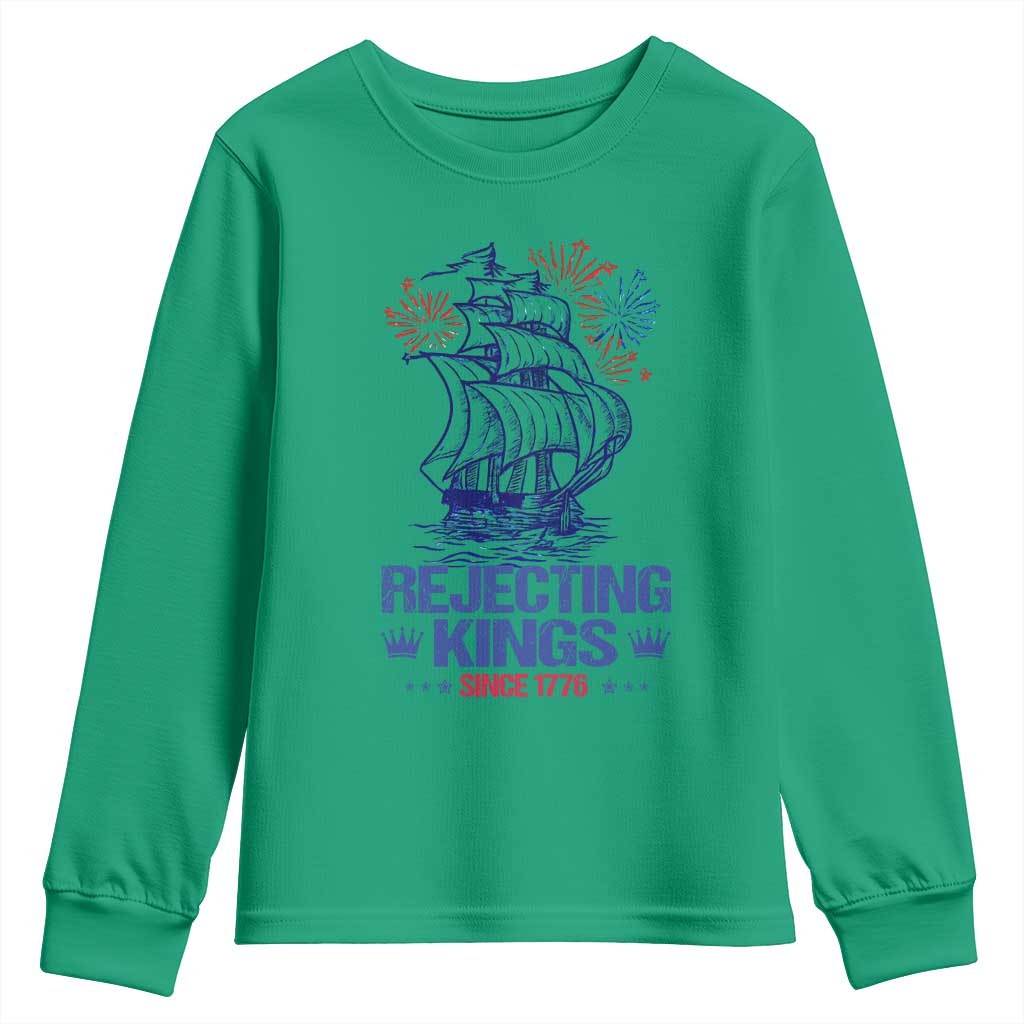Rejecting Kings Since 1776 Youth Sweatshirt Vintage Patriotic Ship 4th Of July Fireworks - Wonder Print Shop
