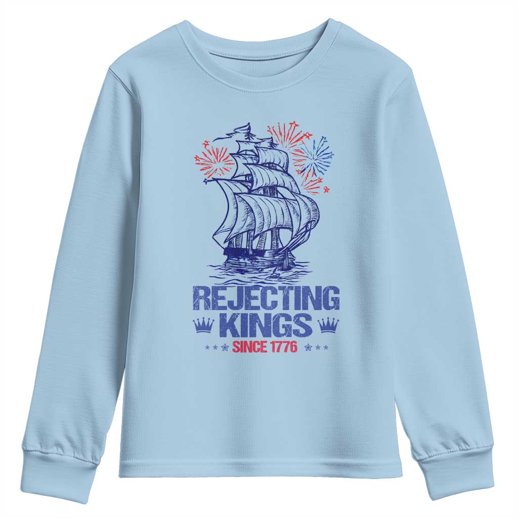 Rejecting Kings Since 1776 Youth Sweatshirt Vintage Patriotic Ship 4th Of July Fireworks - Wonder Print Shop