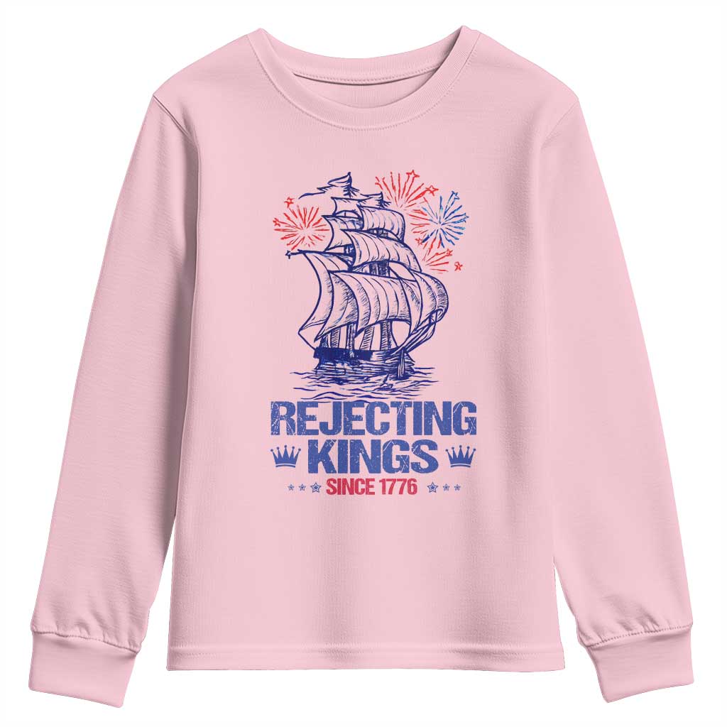 Rejecting Kings Since 1776 Youth Sweatshirt Vintage Patriotic Ship 4th Of July Fireworks - Wonder Print Shop