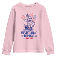 Rejecting Kings Since 1776 Youth Sweatshirt Vintage Patriotic Ship 4th Of July Fireworks - Wonder Print Shop