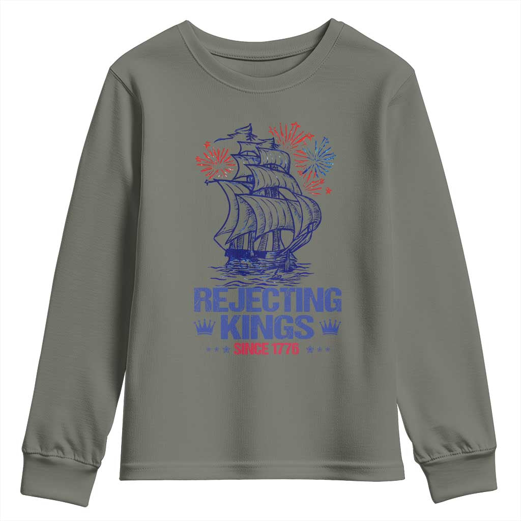 Rejecting Kings Since 1776 Youth Sweatshirt Vintage Patriotic Ship 4th Of July Fireworks - Wonder Print Shop