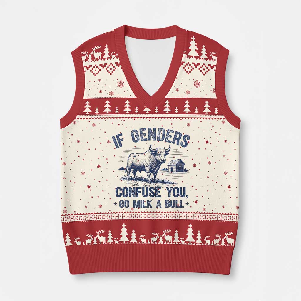 If Genders Confuse You Go Milk a Bull V-Neck Knit Sweater Vest Sarcastic Country Humor - Wonder Print Shop
