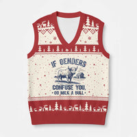 If Genders Confuse You Go Milk a Bull V-Neck Knit Sweater Vest Sarcastic Country Humor - Wonder Print Shop