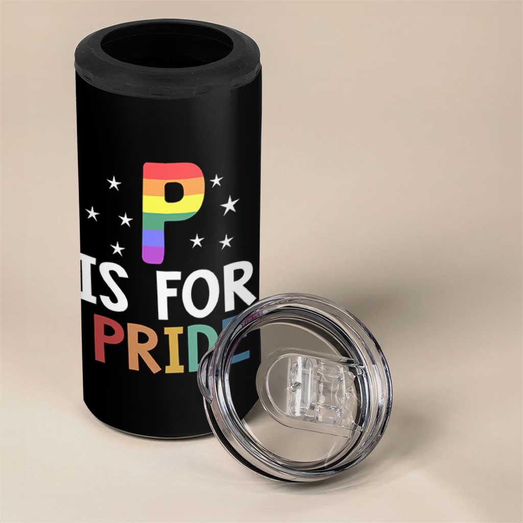 P is for Pride 4 in 1 Can Cooler Tumbler Funny Rainbow Alphabet Celebrating LGBTQ+ Identity - Wonder Print Shop