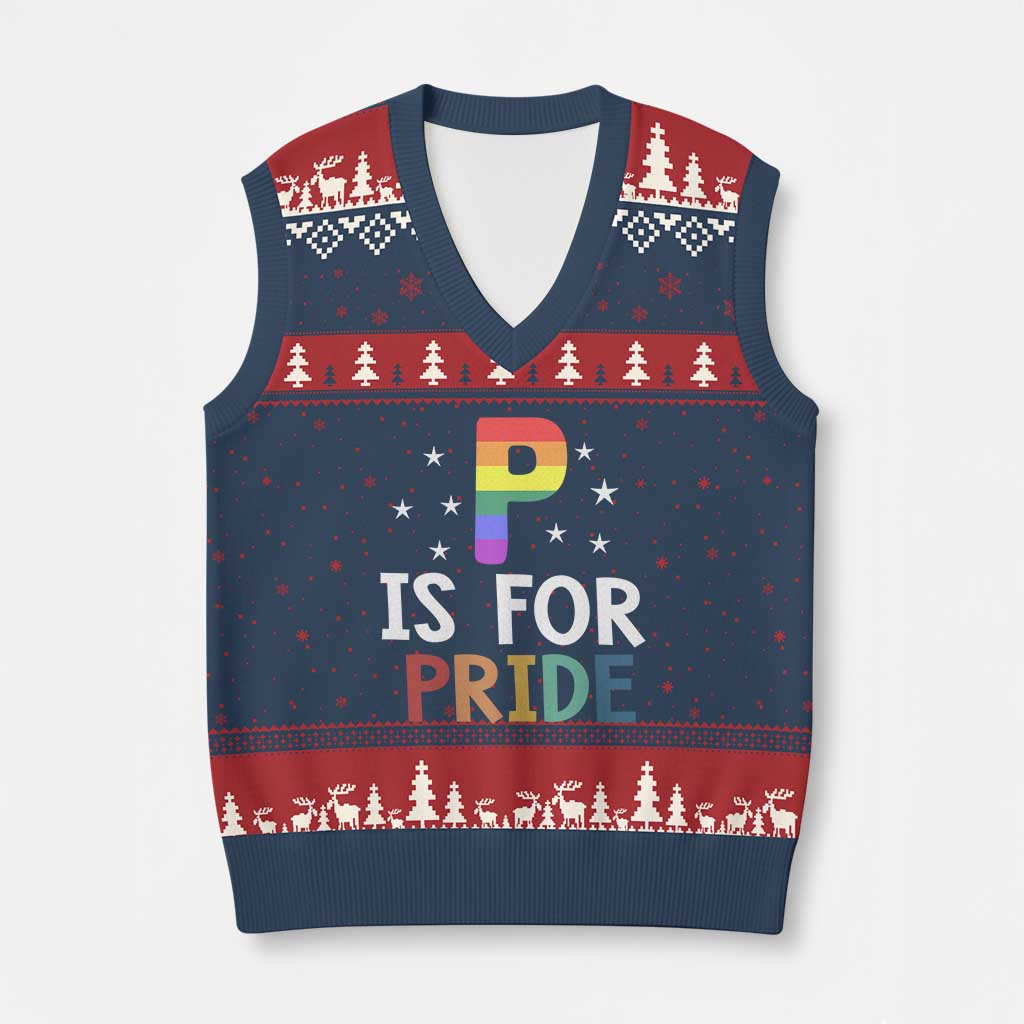 P is for Pride V-Neck Knit Sweater Vest Funny Rainbow Alphabet Celebrating LGBTQ+ Identity - Wonder Print Shop