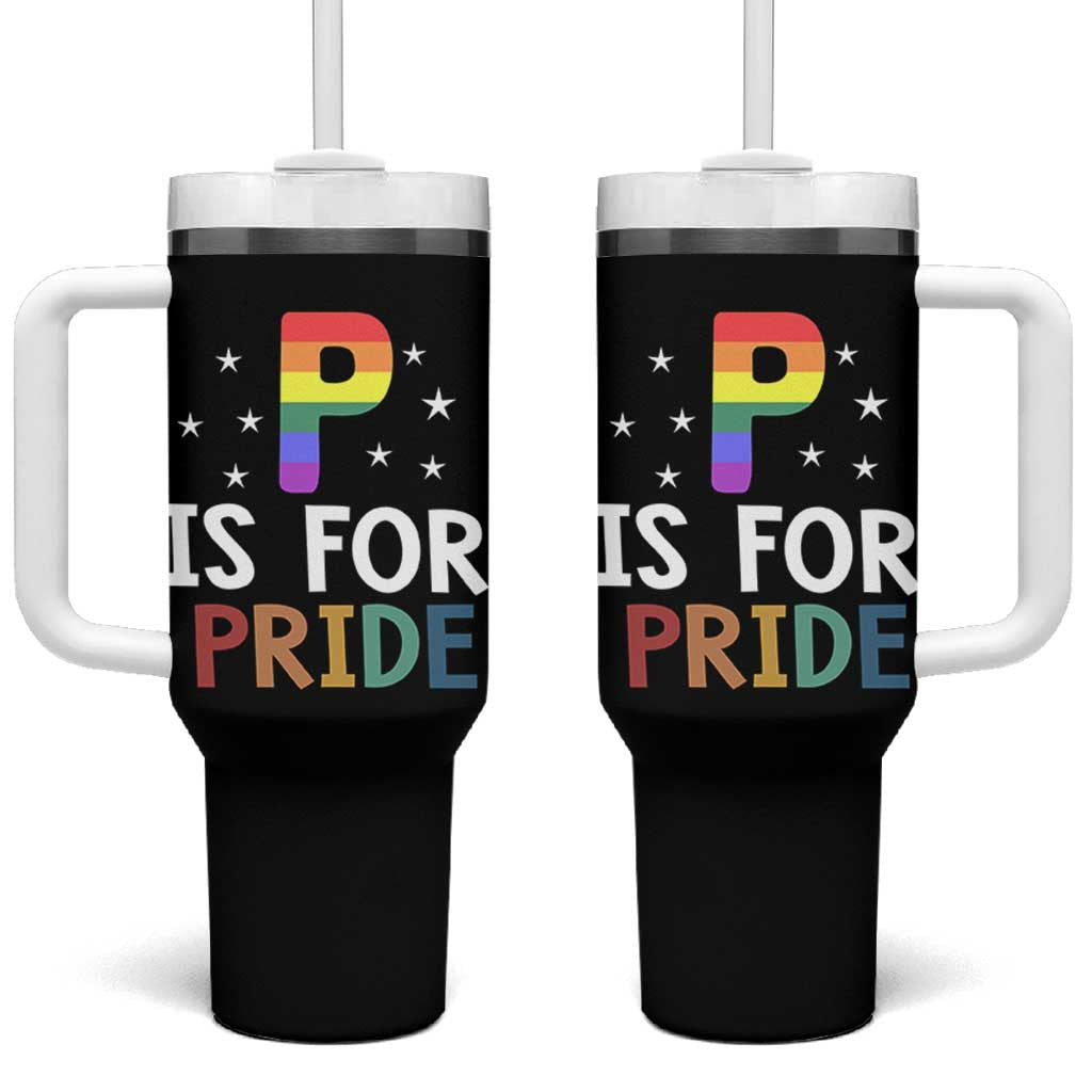 P is for Pride Tumbler With Handle Funny Rainbow Alphabet Celebrating LGBTQ+ Identity - Wonder Print Shop