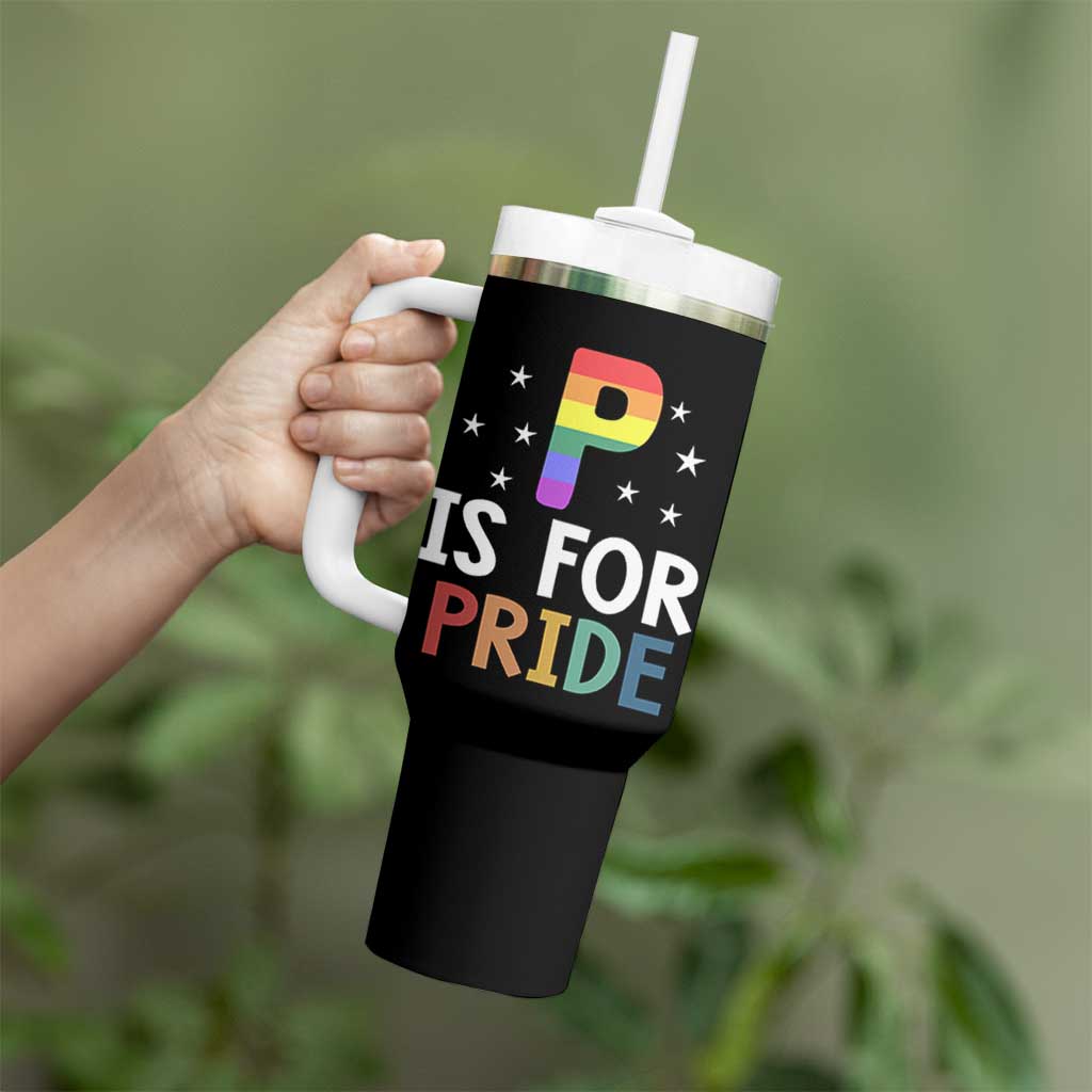 P is for Pride Tumbler With Handle Funny Rainbow Alphabet Celebrating LGBTQ+ Identity - Wonder Print Shop