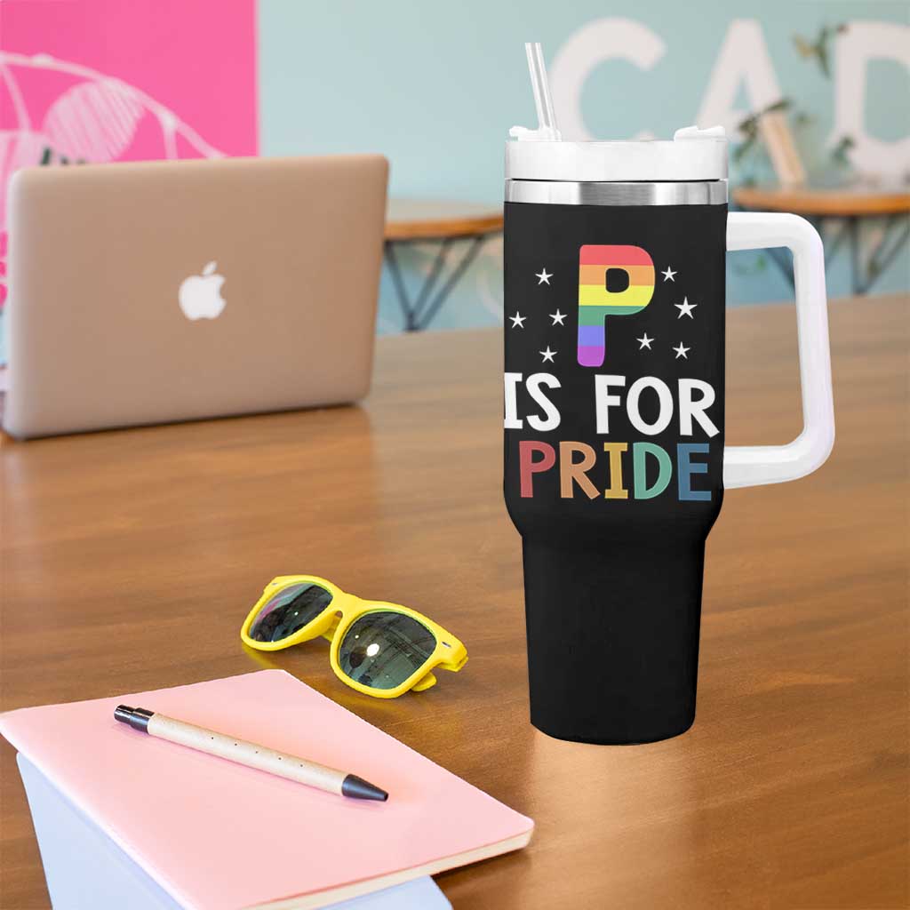 P is for Pride Tumbler With Handle Funny Rainbow Alphabet Celebrating LGBTQ+ Identity - Wonder Print Shop