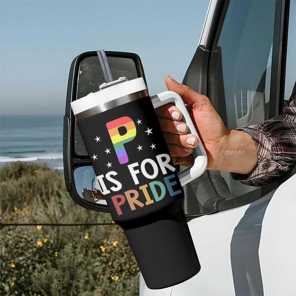 P is for Pride Tumbler With Handle Funny Rainbow Alphabet Celebrating LGBTQ+ Identity - Wonder Print Shop