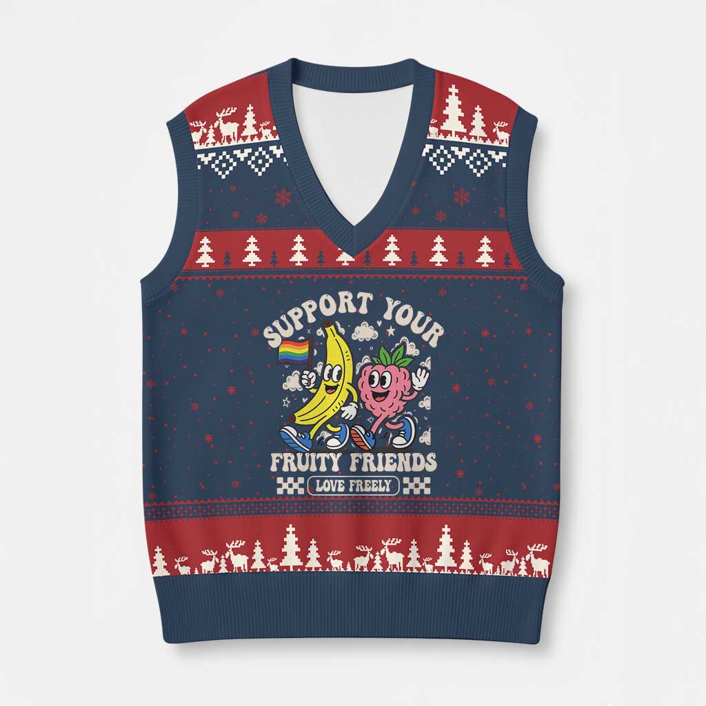 Support Your Fruity Friends V-Neck Knit Sweater Vest Retro Cute Banana and Berry LGBT Pride Support - Wonder Print Shop