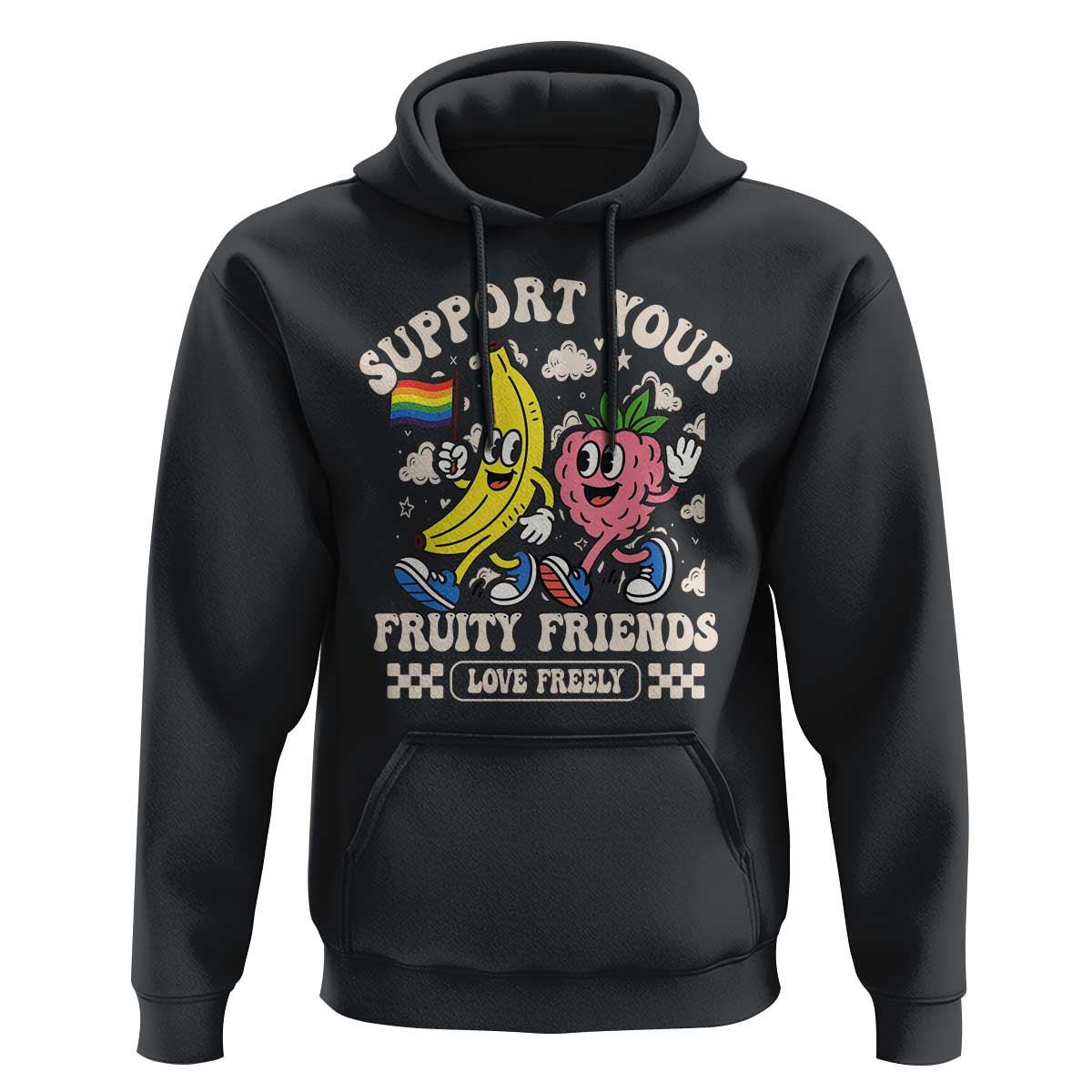 Support Your Fruity Friends Hoodie Retro Cute Banana and Berry LGBT Pride Support - Wonder Print Shop