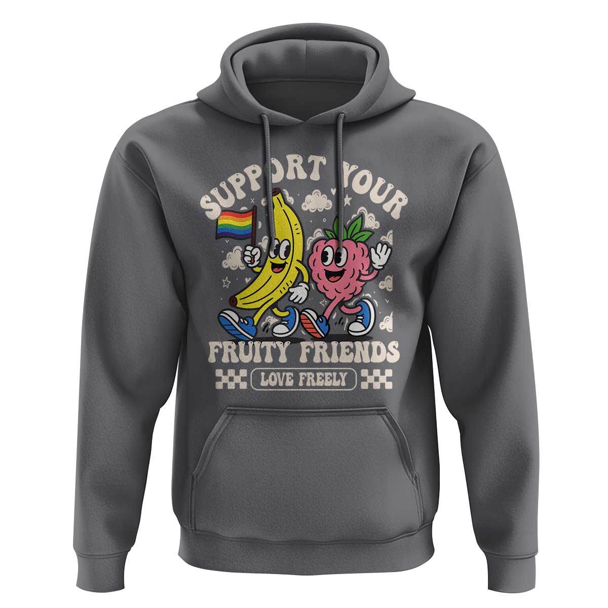 Support Your Fruity Friends Hoodie Retro Cute Banana and Berry LGBT Pride Support - Wonder Print Shop