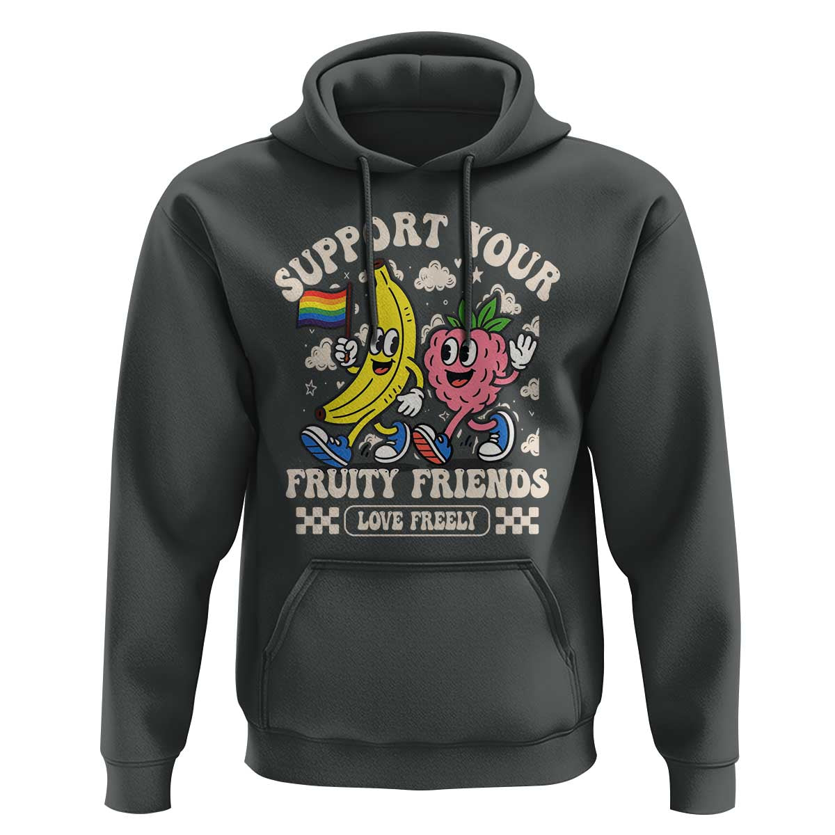 Support Your Fruity Friends Hoodie Retro Cute Banana and Berry LGBT Pride Support - Wonder Print Shop