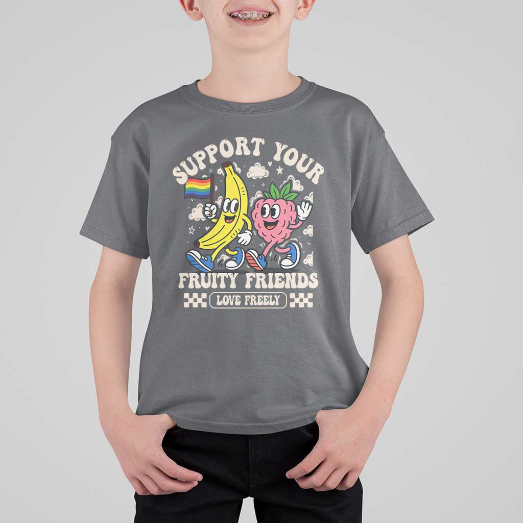 Support Your Fruity Friends T Shirt For Kid Retro Cute Banana and Berry LGBT Pride Support - Wonder Print Shop