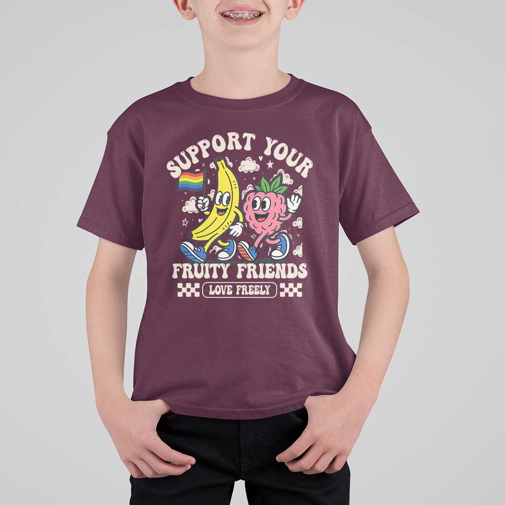 Support Your Fruity Friends T Shirt For Kid Retro Cute Banana and Berry LGBT Pride Support - Wonder Print Shop