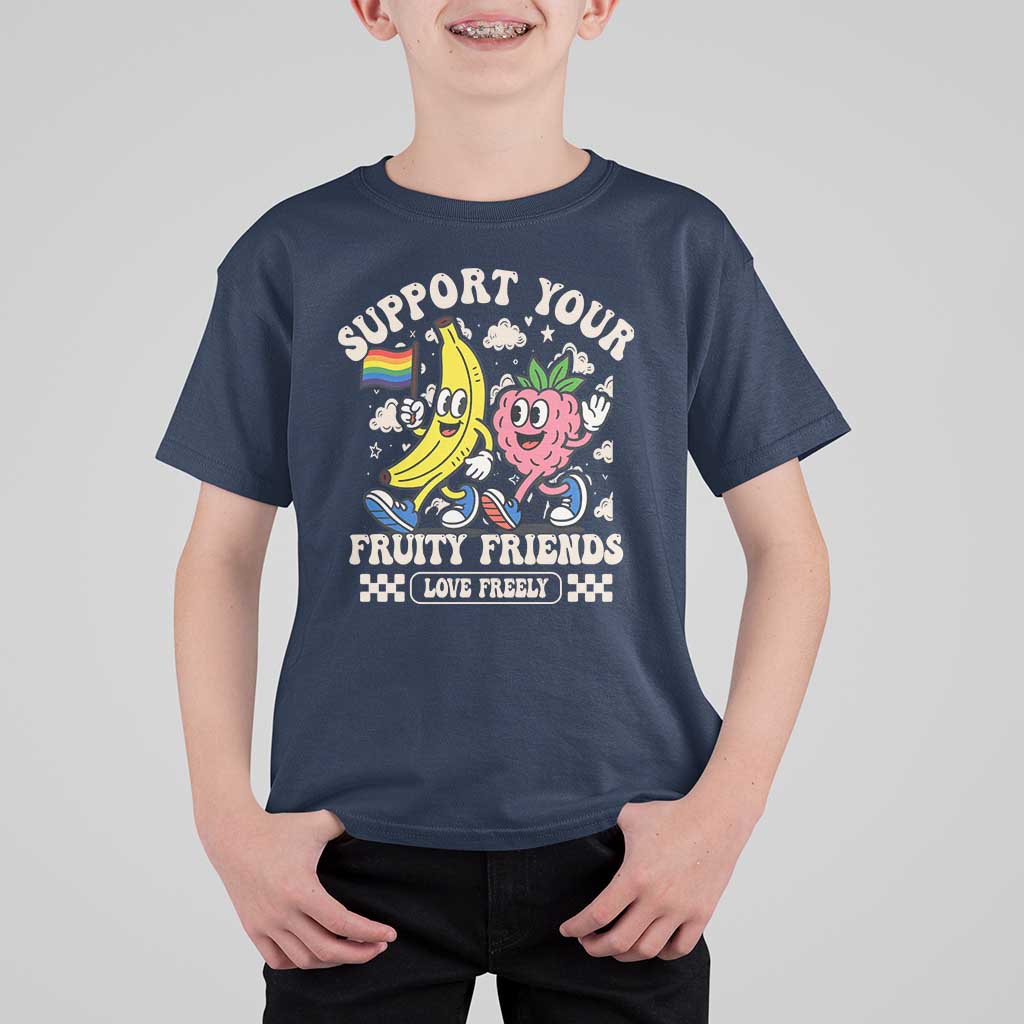 Support Your Fruity Friends T Shirt For Kid Retro Cute Banana and Berry LGBT Pride Support - Wonder Print Shop