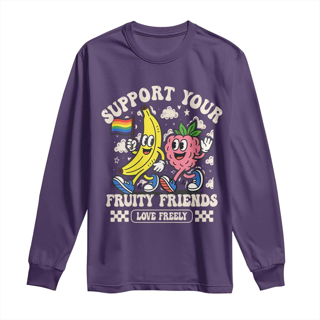 Support Your Fruity Friends Long Sleeve Shirt Retro Cute Banana and Berry LGBT Pride Support - Wonder Print Shop