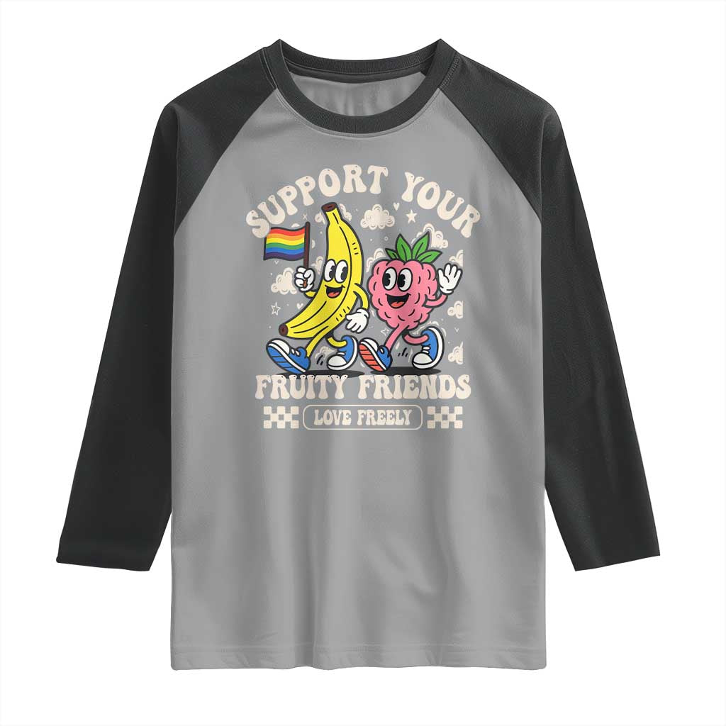 Support Your Fruity Friends Raglan Shirt Retro Cute Banana and Berry LGBT Pride Support - Wonder Print Shop