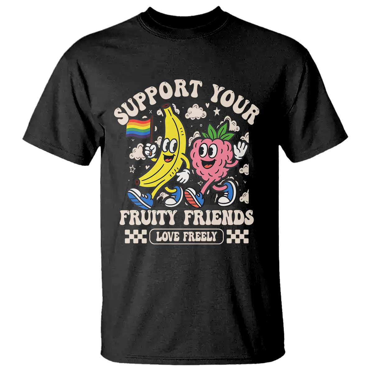 Support Your Fruity Friends T Shirt Retro Cute Banana and Berry LGBT Pride Support - Wonder Print Shop