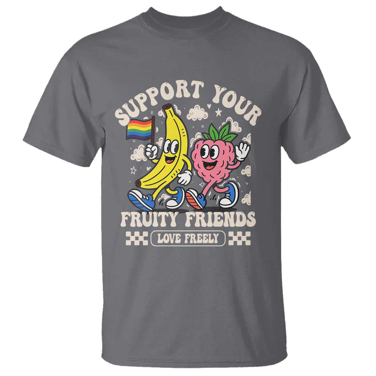 Support Your Fruity Friends T Shirt Retro Cute Banana and Berry LGBT Pride Support - Wonder Print Shop