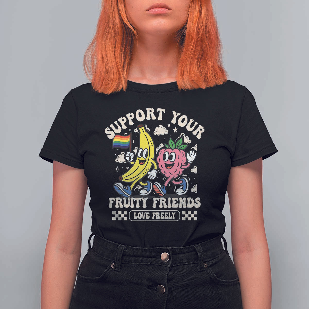 Support Your Fruity Friends T Shirt For Women Retro Cute Banana and Berry LGBT Pride Support - Wonder Print Shop