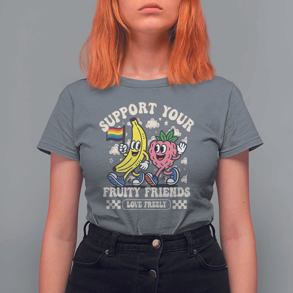 Support Your Fruity Friends T Shirt For Women Retro Cute Banana and Berry LGBT Pride Support - Wonder Print Shop