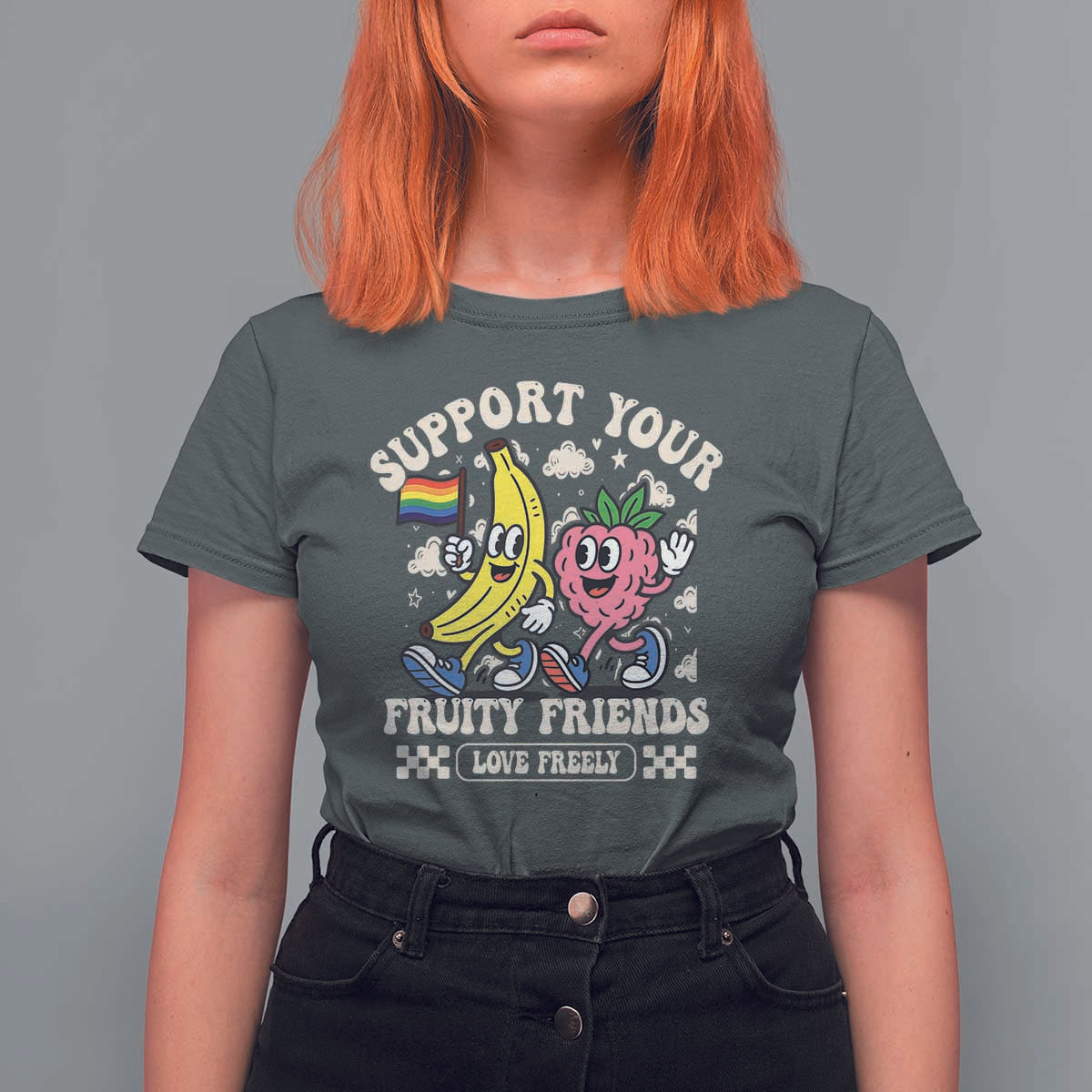 Support Your Fruity Friends T Shirt For Women Retro Cute Banana and Berry LGBT Pride Support - Wonder Print Shop