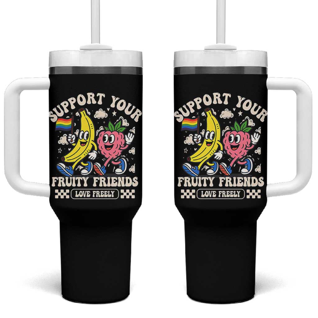 Support Your Fruity Friends Tumbler With Handle Retro Cute Banana and Berry LGBT Pride Support - Wonder Print Shop