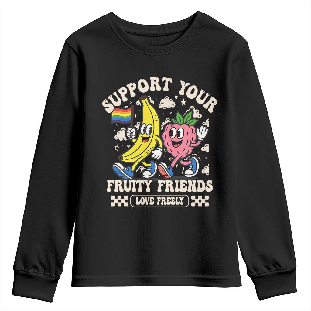 Support Your Fruity Friends Youth Sweatshirt Retro Cute Banana and Berry LGBT Pride Support - Wonder Print Shop