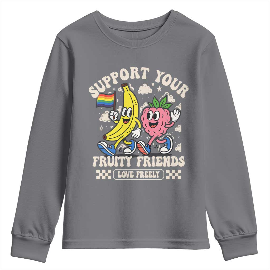 Support Your Fruity Friends Youth Sweatshirt Retro Cute Banana and Berry LGBT Pride Support - Wonder Print Shop