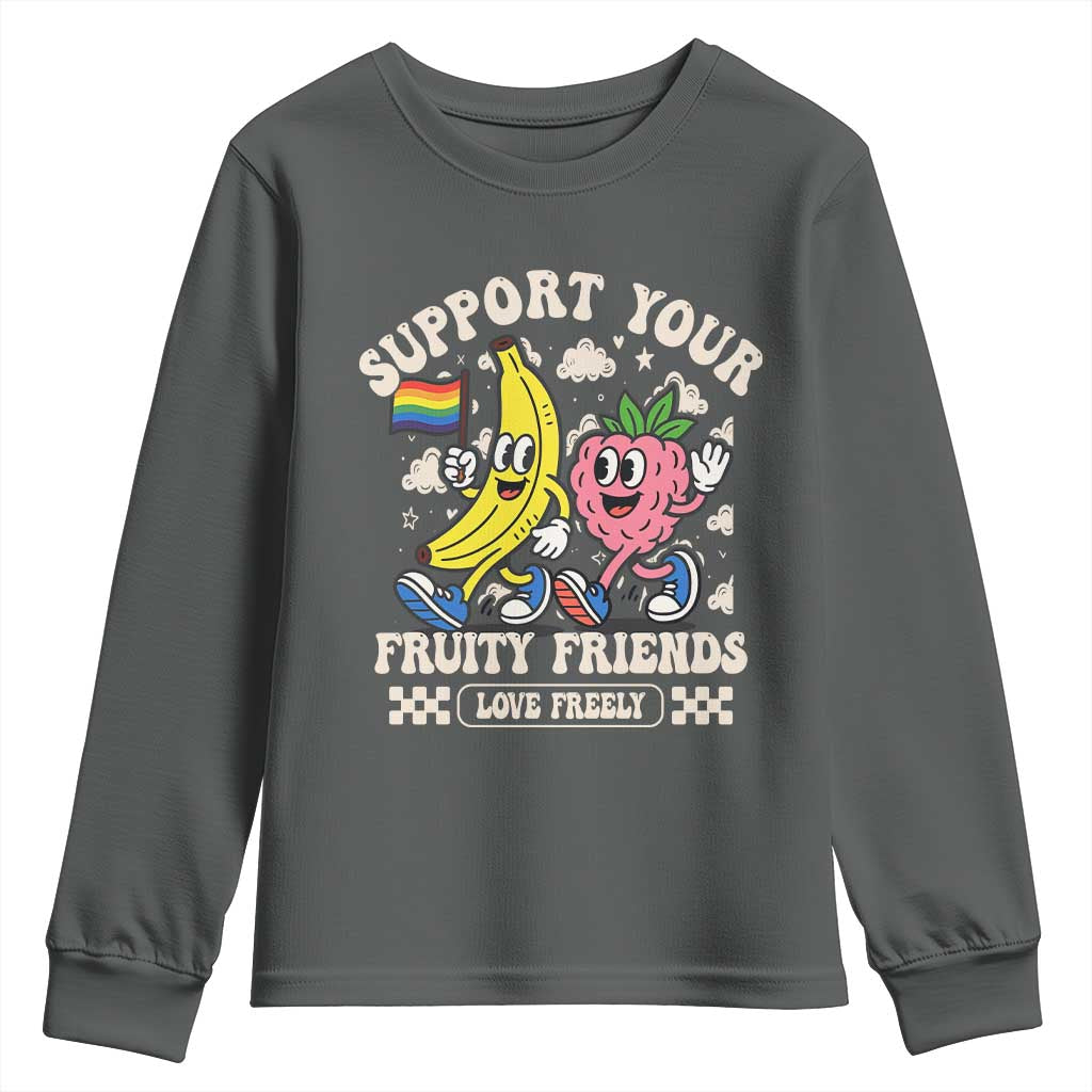Support Your Fruity Friends Youth Sweatshirt Retro Cute Banana and Berry LGBT Pride Support - Wonder Print Shop