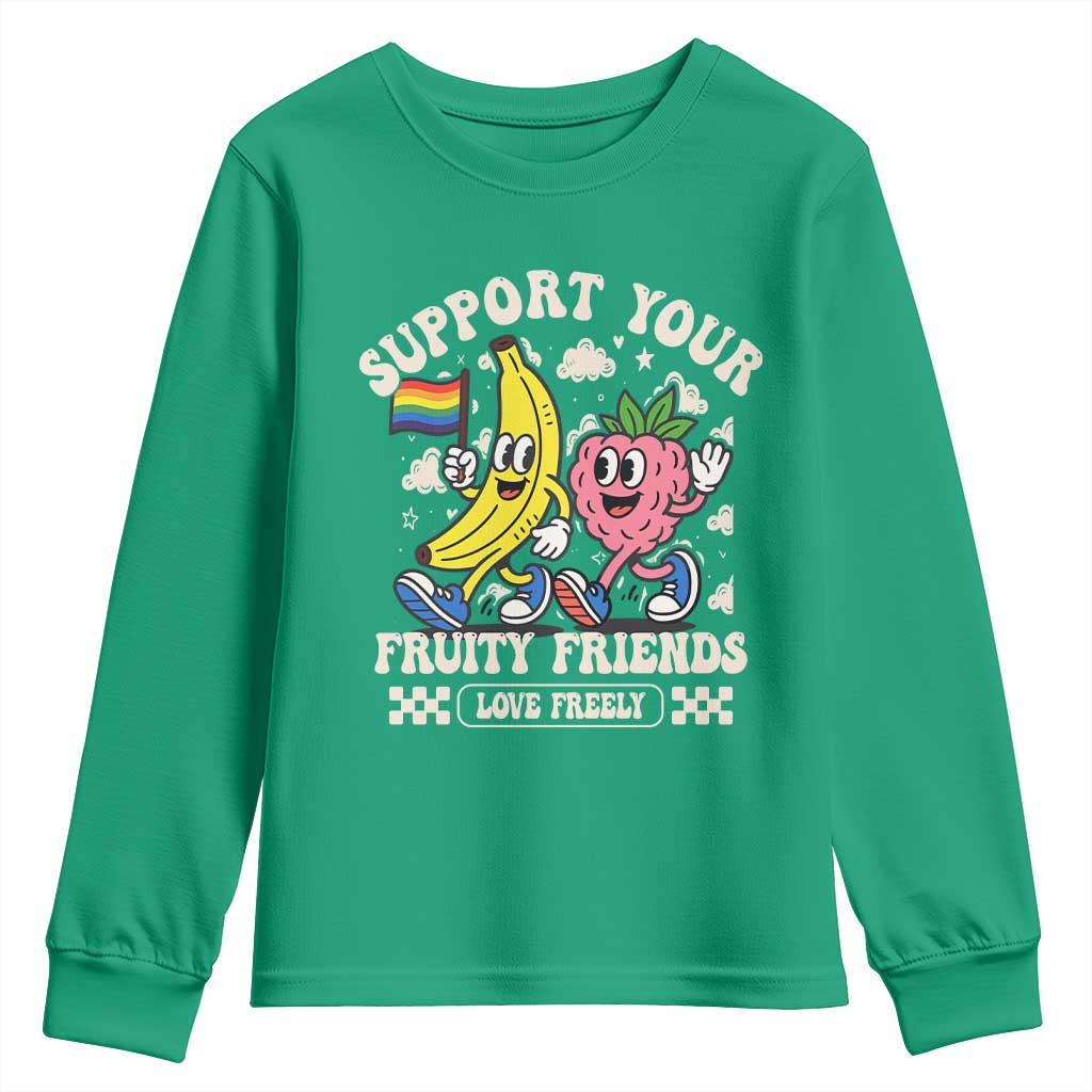 Support Your Fruity Friends Youth Sweatshirt Retro Cute Banana and Berry LGBT Pride Support - Wonder Print Shop