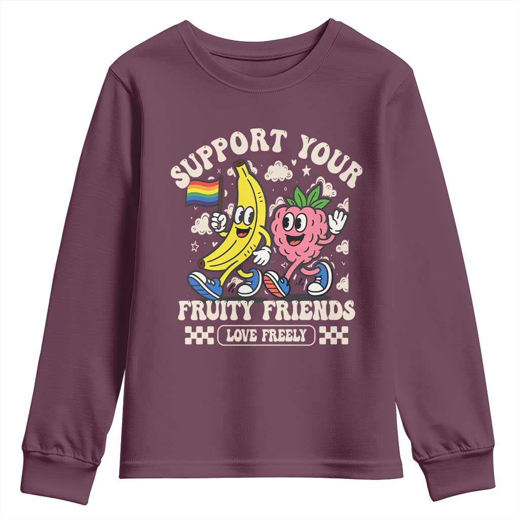 Support Your Fruity Friends Youth Sweatshirt Retro Cute Banana and Berry LGBT Pride Support - Wonder Print Shop