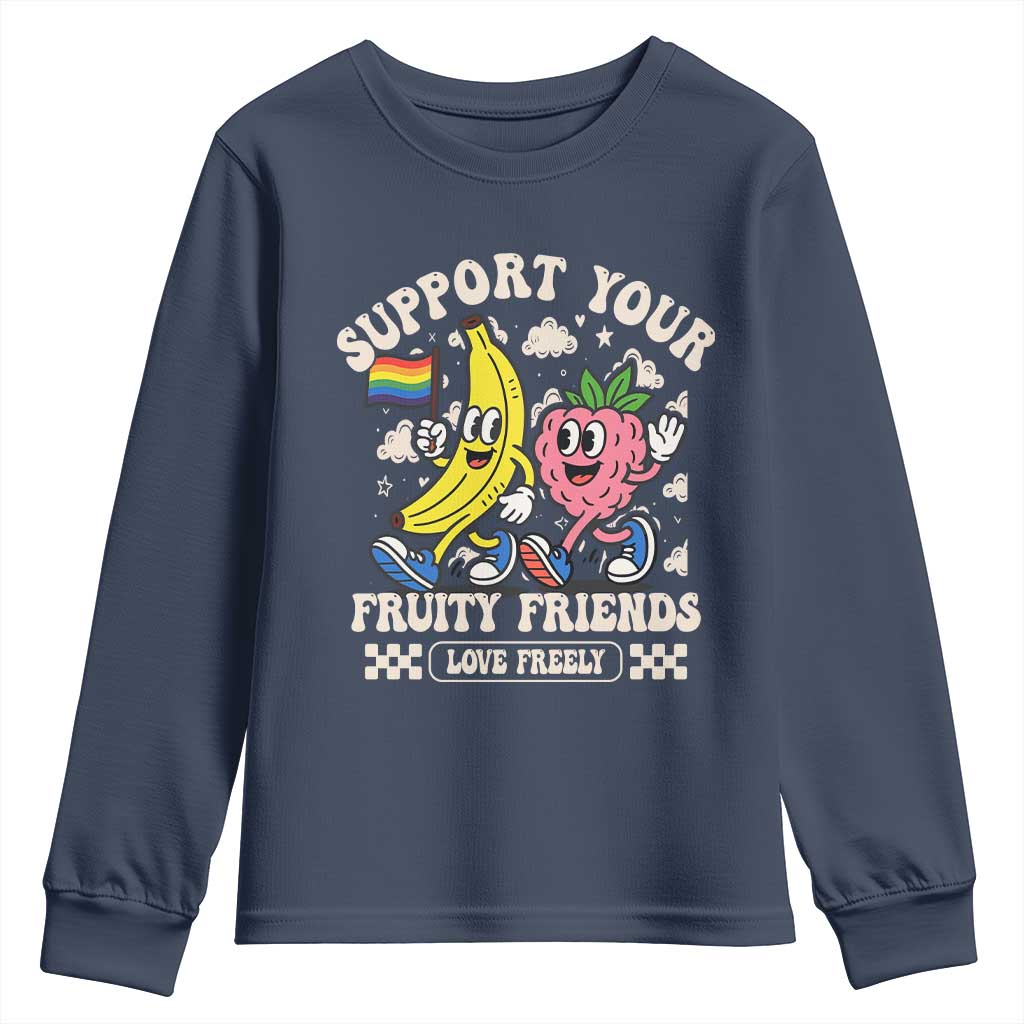Support Your Fruity Friends Youth Sweatshirt Retro Cute Banana and Berry LGBT Pride Support - Wonder Print Shop