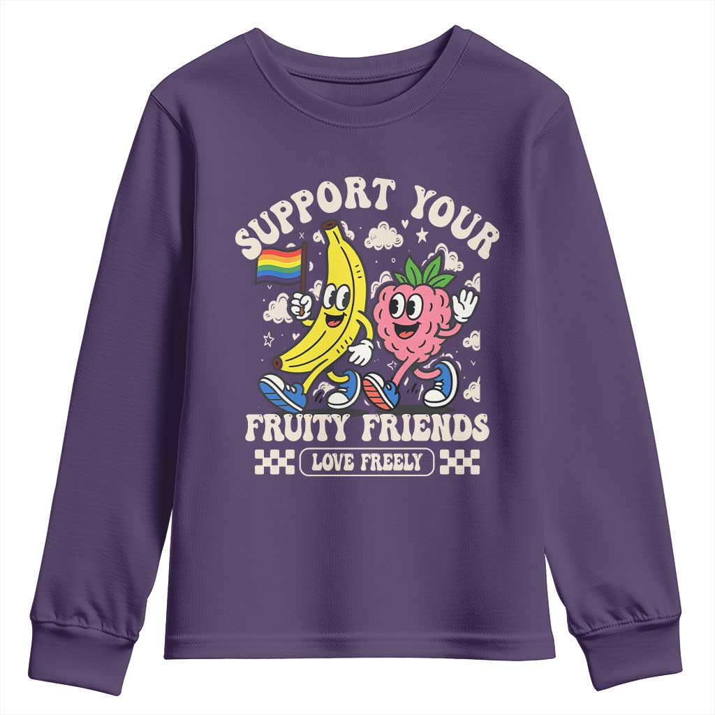 Support Your Fruity Friends Youth Sweatshirt Retro Cute Banana and Berry LGBT Pride Support - Wonder Print Shop