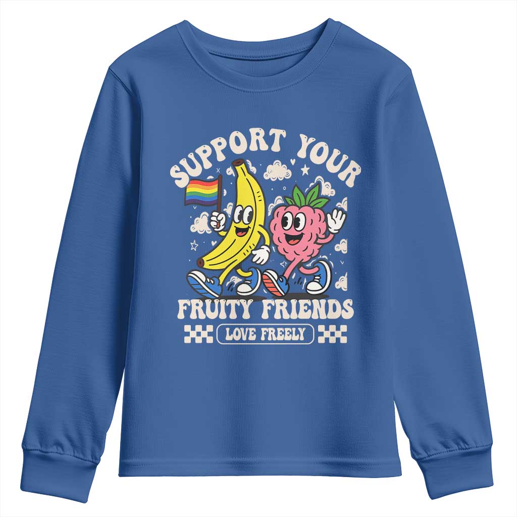 Support Your Fruity Friends Youth Sweatshirt Retro Cute Banana and Berry LGBT Pride Support - Wonder Print Shop