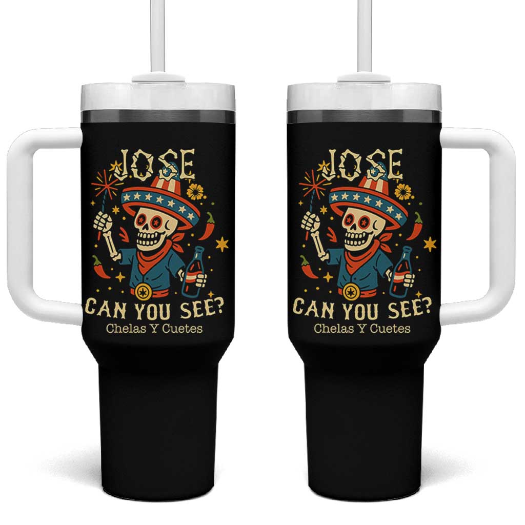 Jose Can You See Tumbler With Handle Funny Chelas y Cuetes 4th of July Latino Skeleton Fiesta - Wonder Print Shop