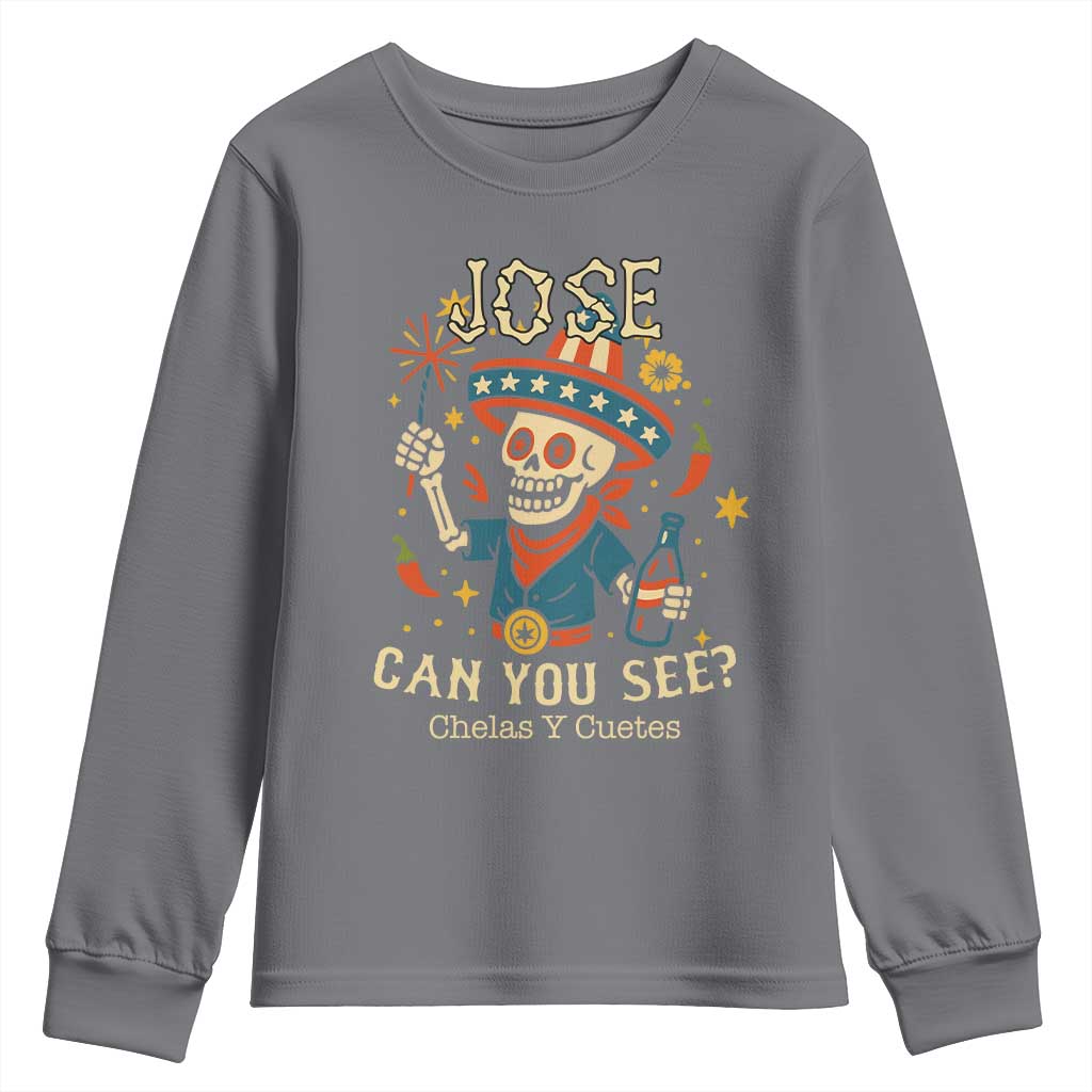 Jose Can You See Youth Sweatshirt Funny Chelas y Cuetes 4th of July Latino Skeleton Fiesta - Wonder Print Shop