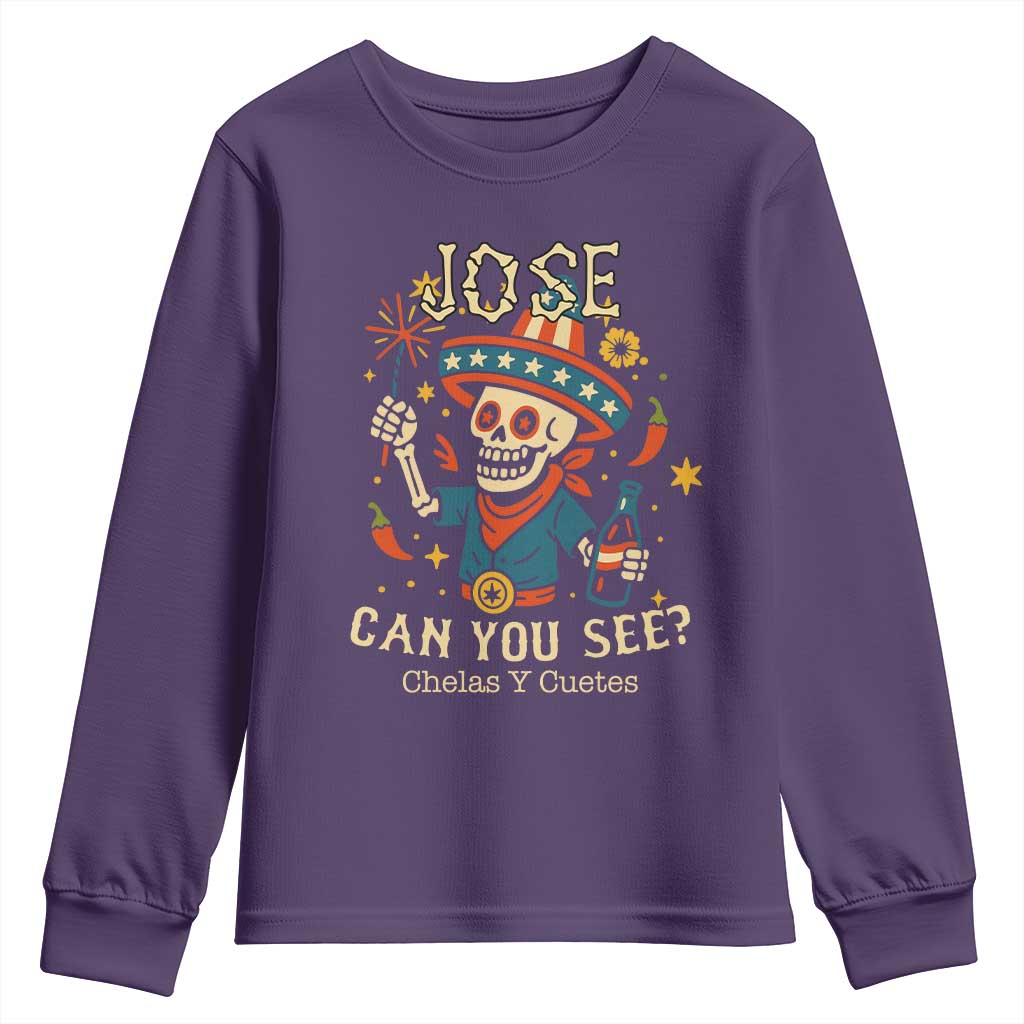 Jose Can You See Youth Sweatshirt Funny Chelas y Cuetes 4th of July Latino Skeleton Fiesta - Wonder Print Shop