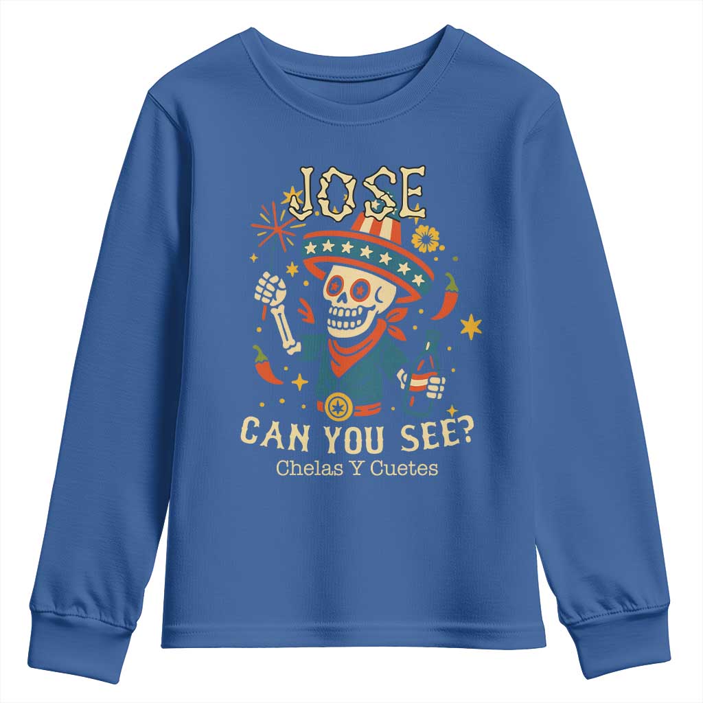 Jose Can You See Youth Sweatshirt Funny Chelas y Cuetes 4th of July Latino Skeleton Fiesta - Wonder Print Shop