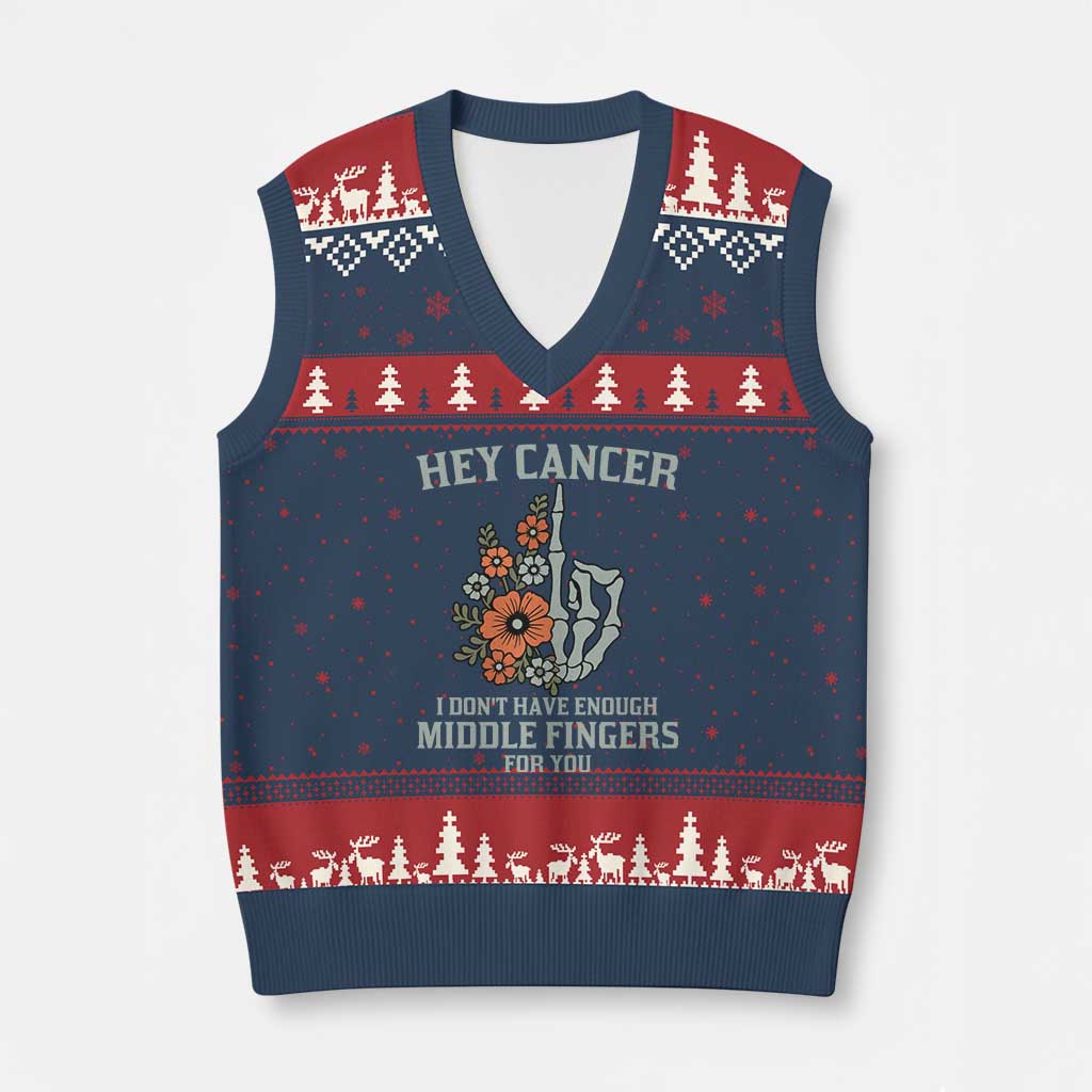 Anti Cancer Skeleton Middle Finger V-Neck Knit Sweater Vest Floral Fck Cancer - Wonder Print Shop